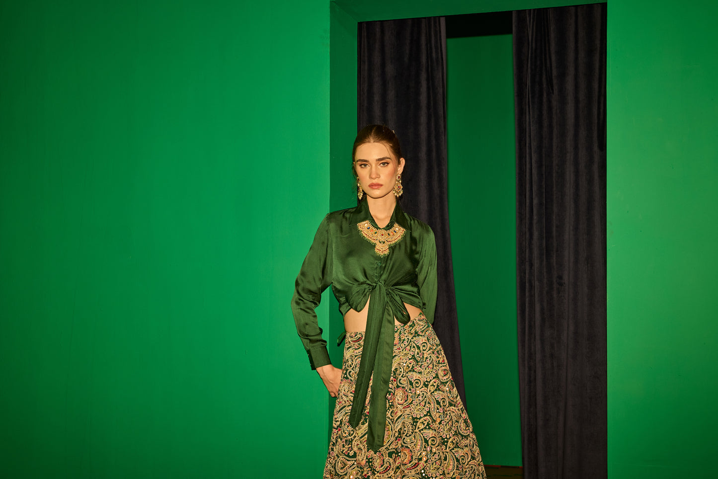 GREEN MULTI COLOR EMBROIDERED LEHENGA - SHIRT SET