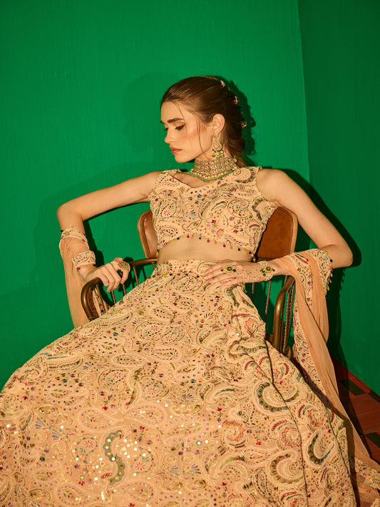 PEACH MULTI COLOR EMBROIDERED LEHENGA SET