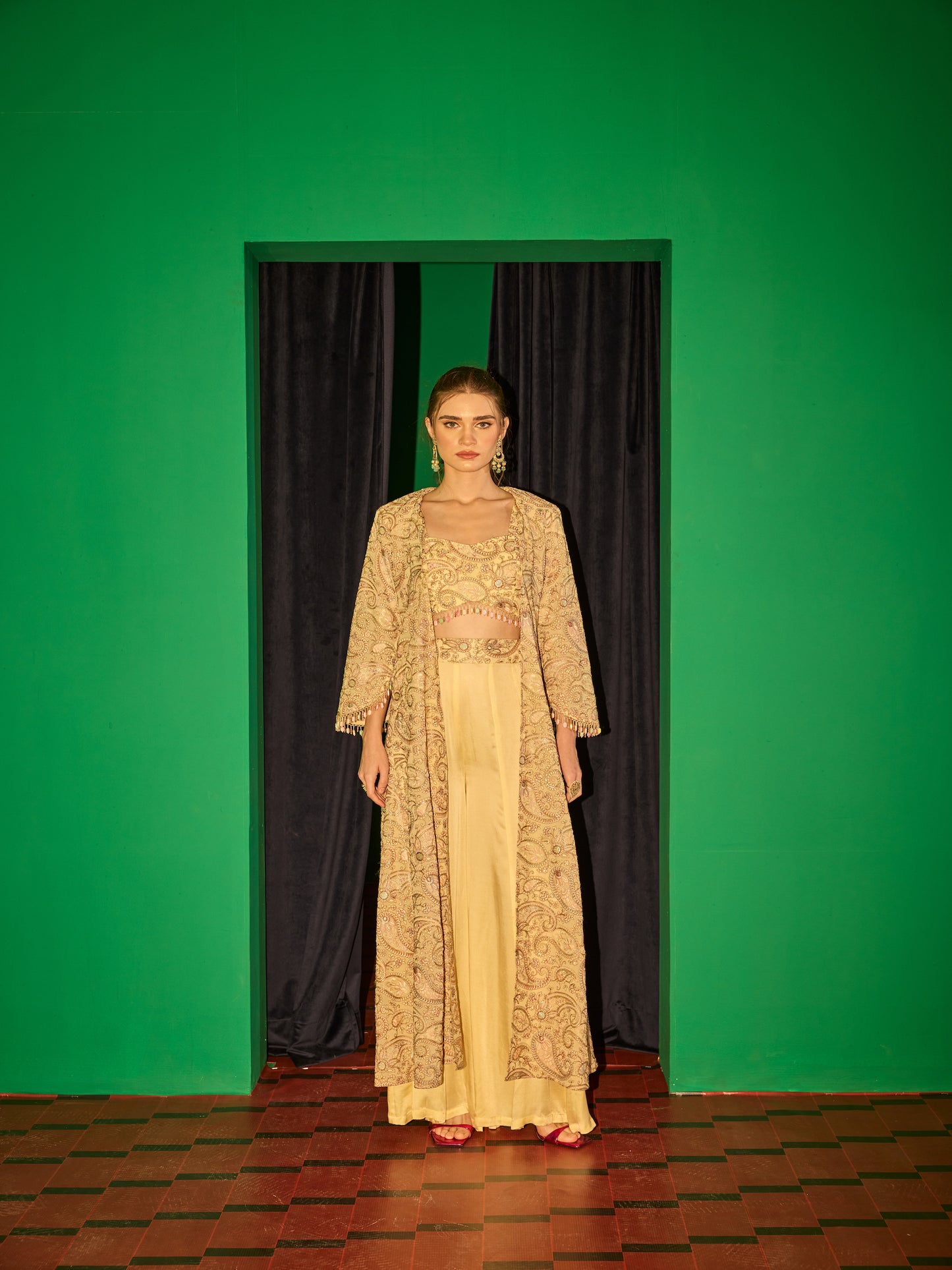 LEMON YELLOW MULTI COLOR EMBROIDERED 3 PIECE SET