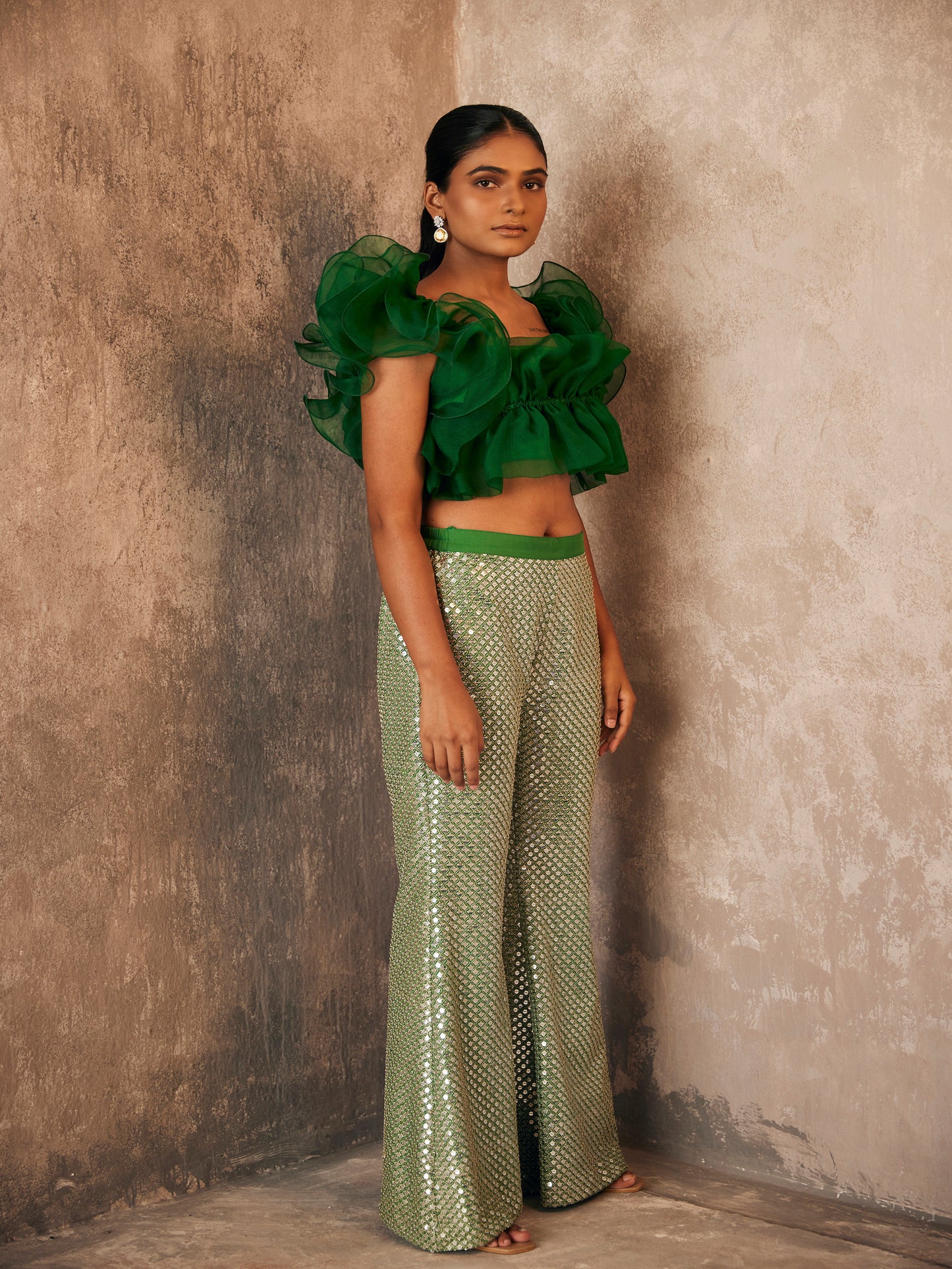GREEN RUFFLE BLOUSE COORD SET