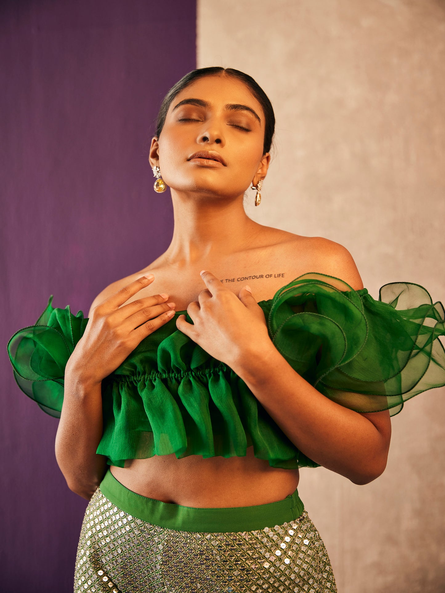 GREEN RUFFLE BLOUSE COORD SET