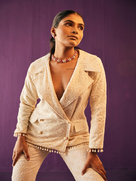 IVORY THREAD WORK DOUBLE BREAST BLAZER SET
