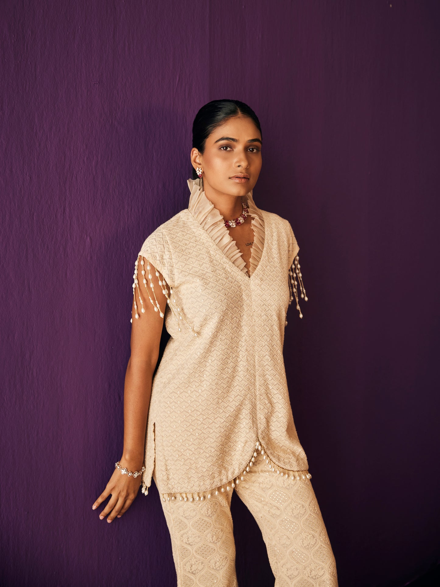 BEIGE THREAD WORK COORD SET