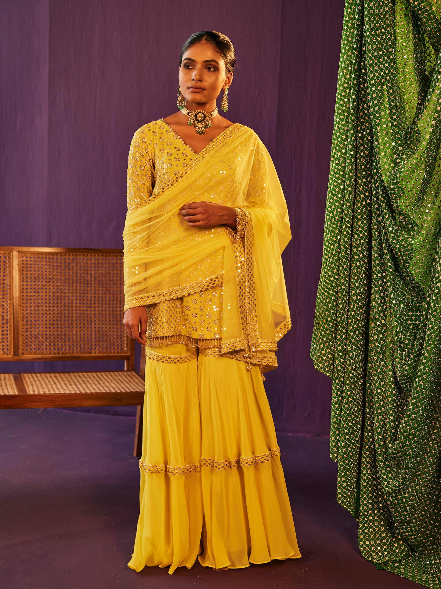 YELLOW ZARI & SEQUIN WORK SHARAR SET