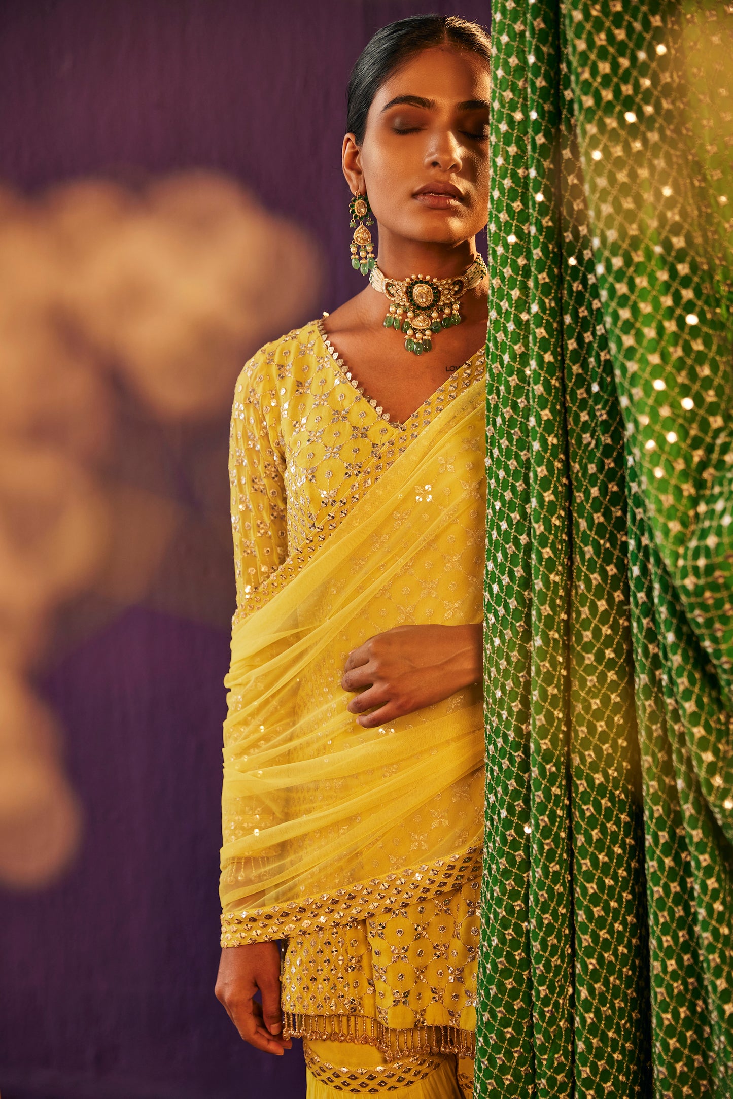 YELLOW ZARI & SEQUIN WORK SHARAR SET