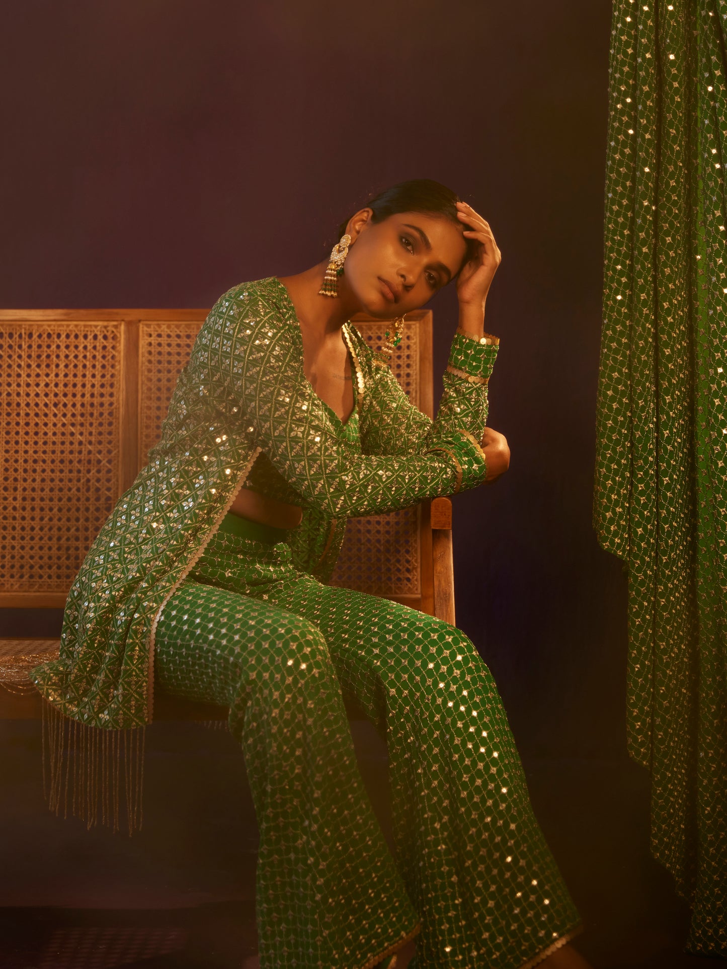 EMERALD GREEN ZARI & SEQUIN 3 PIECE SET