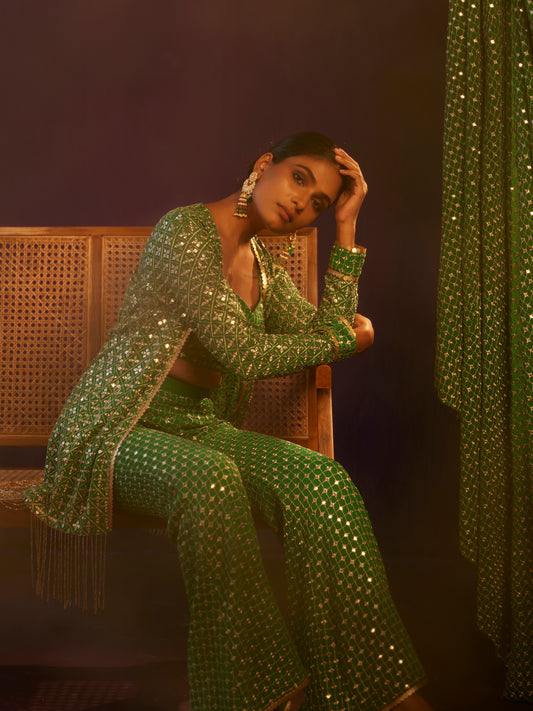 EMERALD GREEN ZARI & SEQUIN 3 PIECE SET