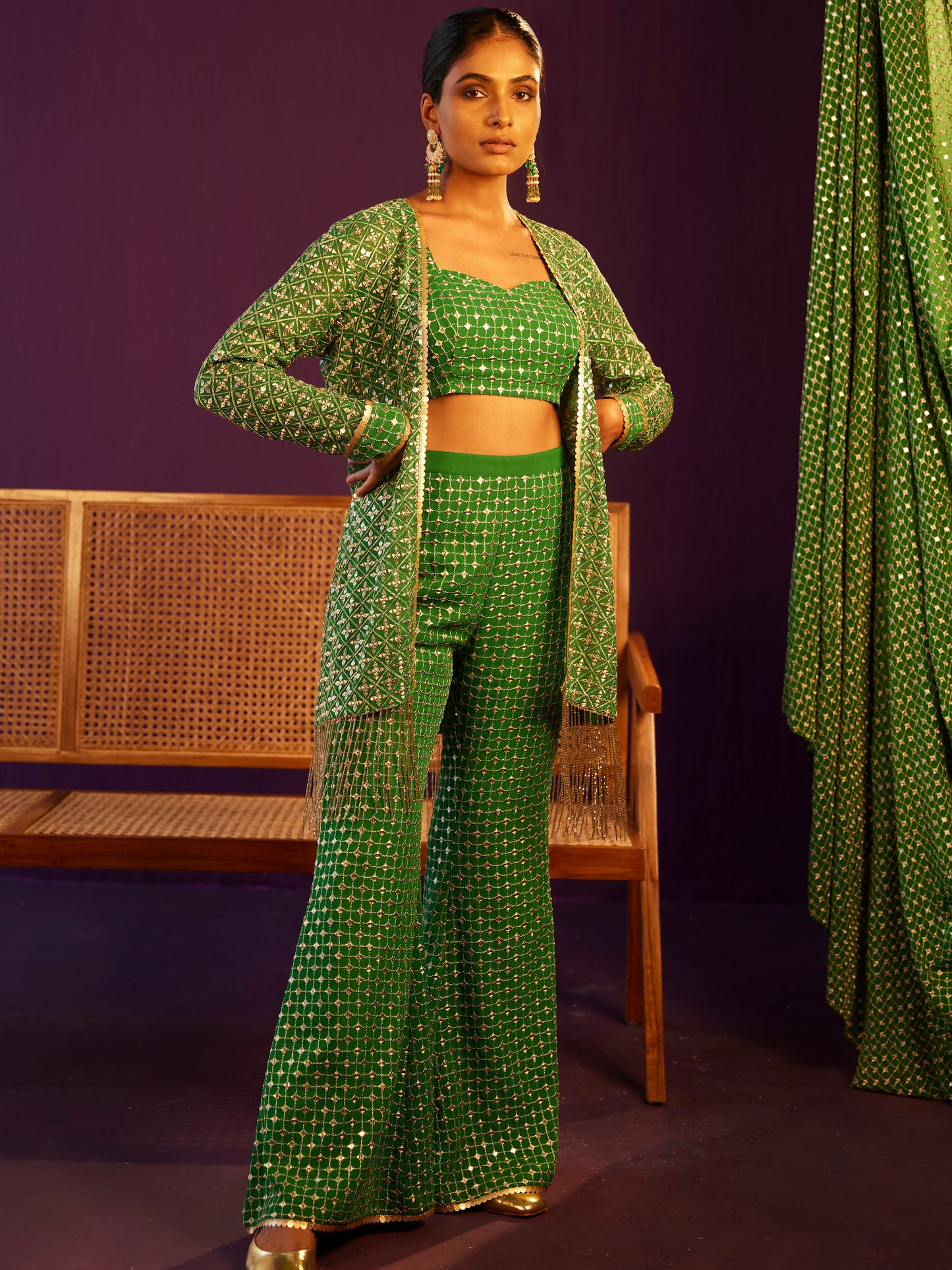 EMERALD GREEN ZARI & SEQUIN 3 PIECE SET