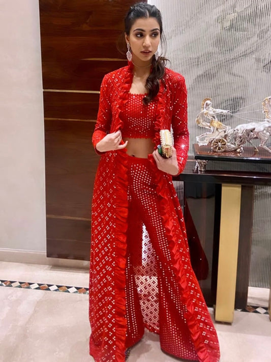 RED MIRROR WORK JACKET SET