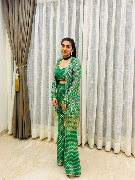 NIKITA KHURANA IN GREEN ZARI & SEQUIN 3 PIECE SET
