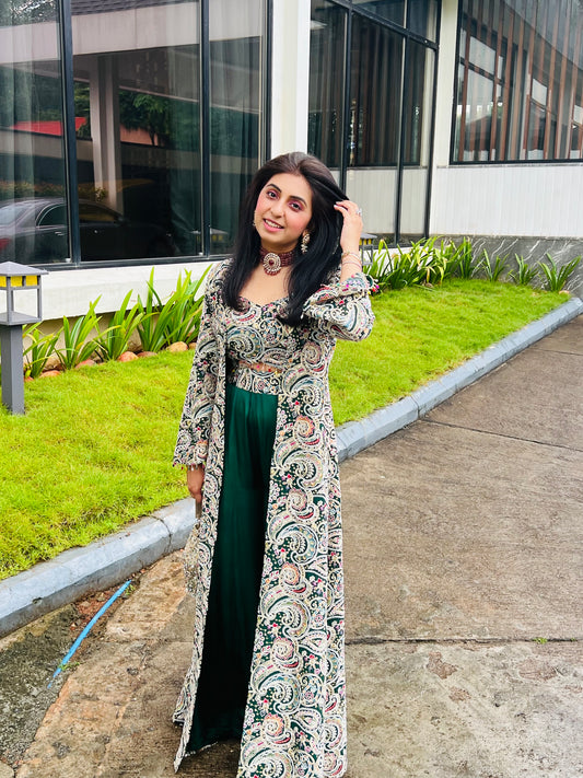 NIKITA KHURANA IN GREEN MULTI COLOR EMBROIDERED 3 PIECE SET