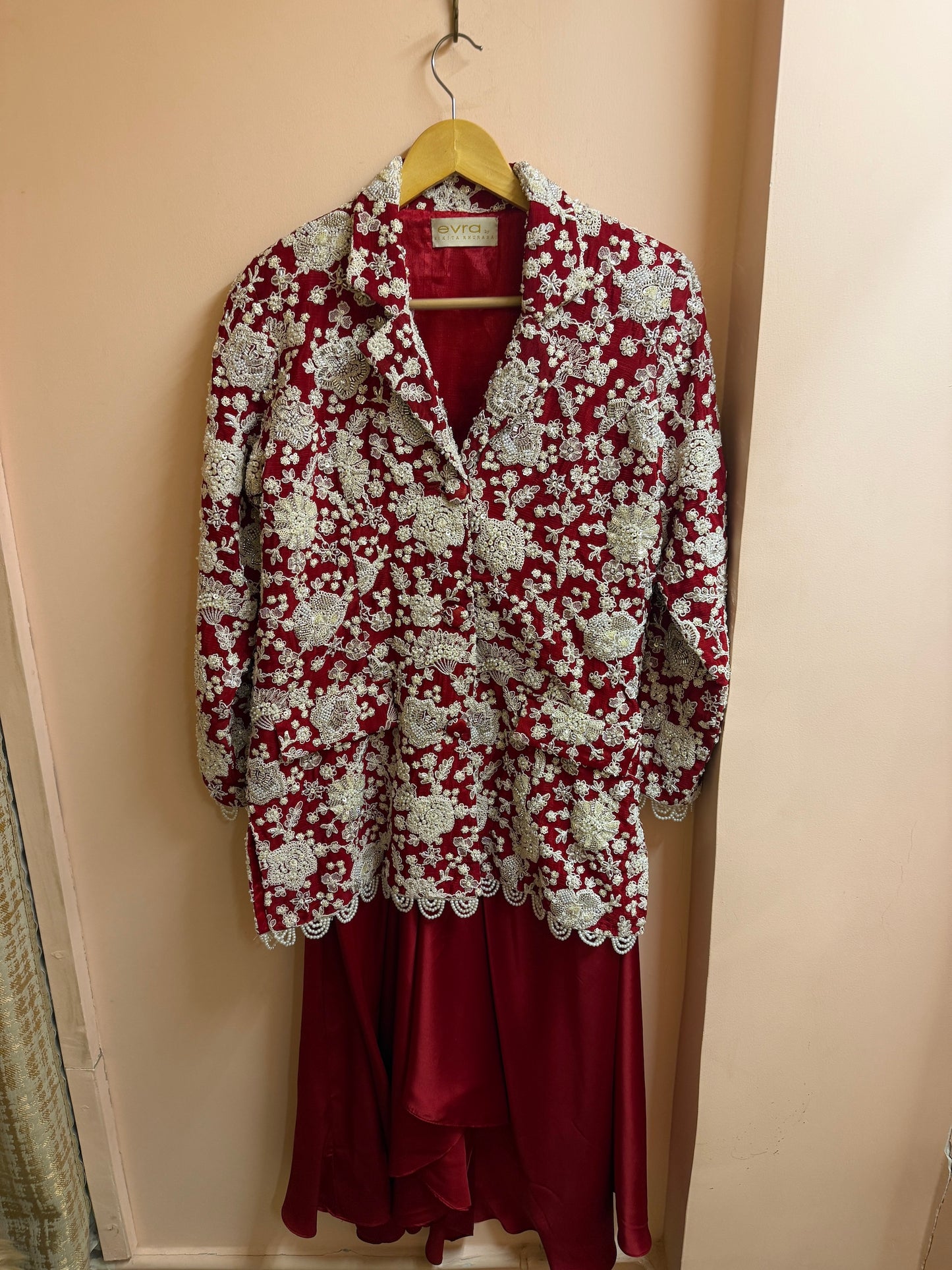 RED PEARL WORK JACKET - SKIRT SET