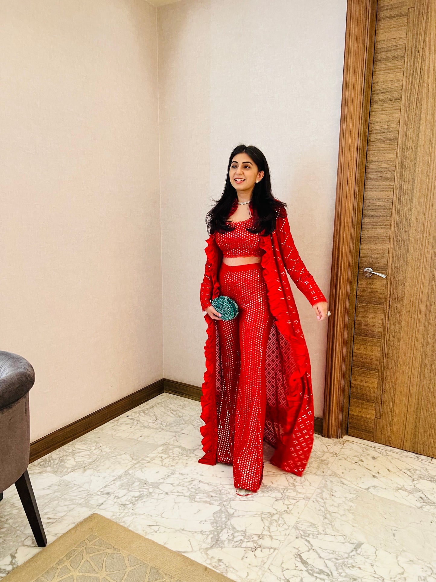 RED MIRROR WORK JACKET SET