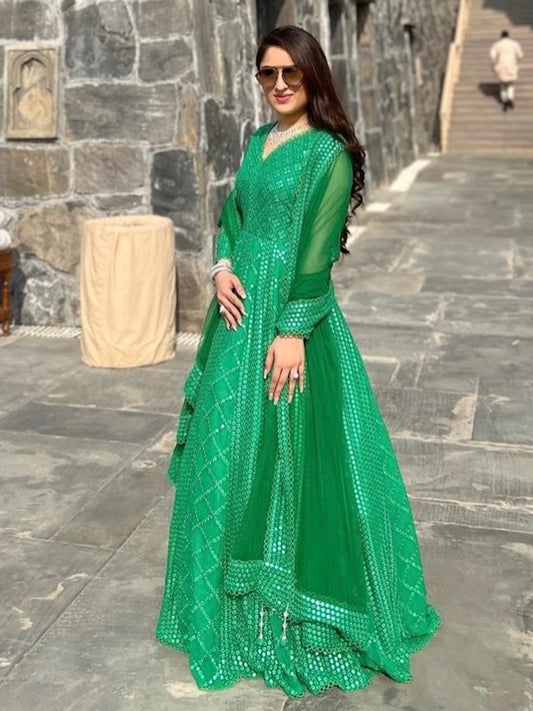 NIKITA VASDEV IN GREEN MIRROR WORK ANARKALI
