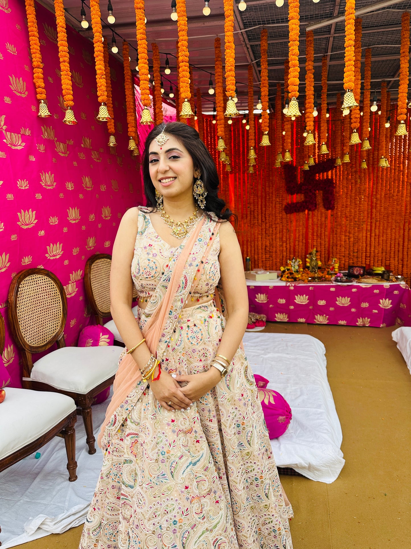 NIKITA KHURANA IN PEACH MULTI COLOR EMBRIODERED LEHENGA SET