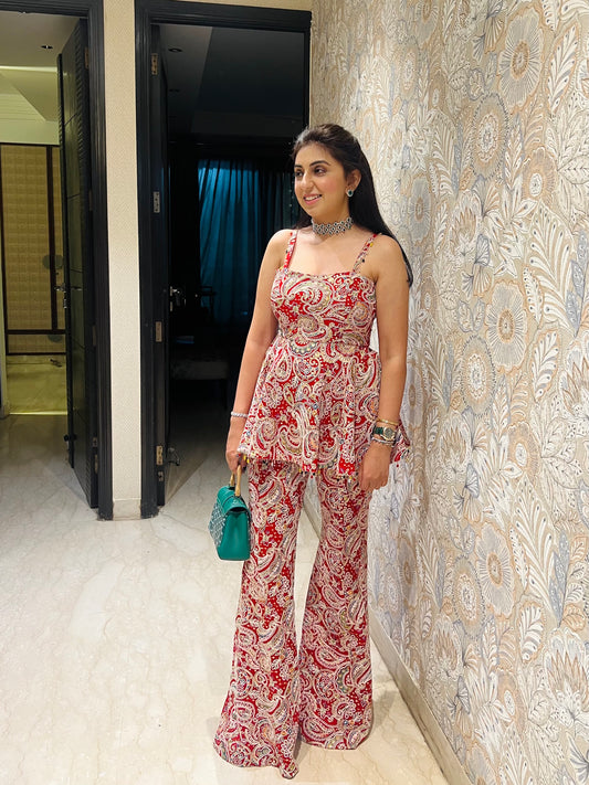 NIKITA KHURANA IN RED MULTI COLOR EMBROIDERED PEPLUM SET