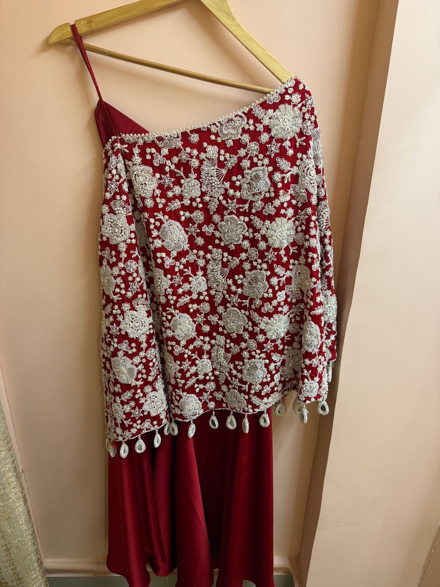 RED PEARL WORK OFF SHOULDER CAPE SET