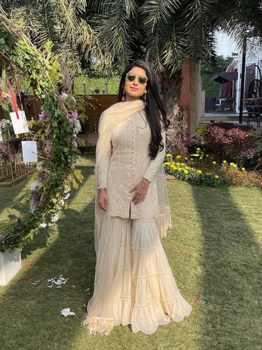 BEIGE CHIKANKARI FRILL SHARARA SET