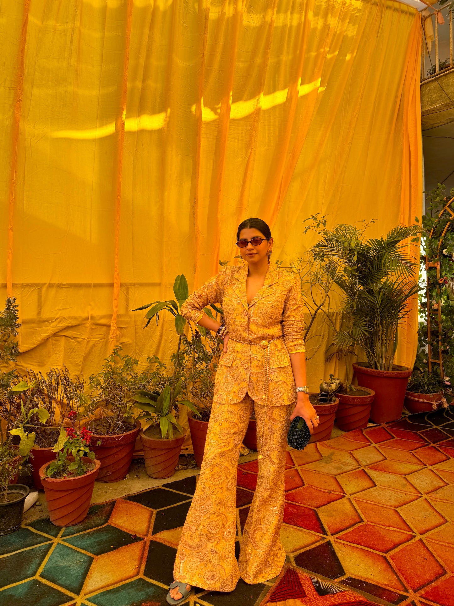 DHRITI MEHRA IN YELLOW MULTI COLOR EMBROIDERED BLAZER SET