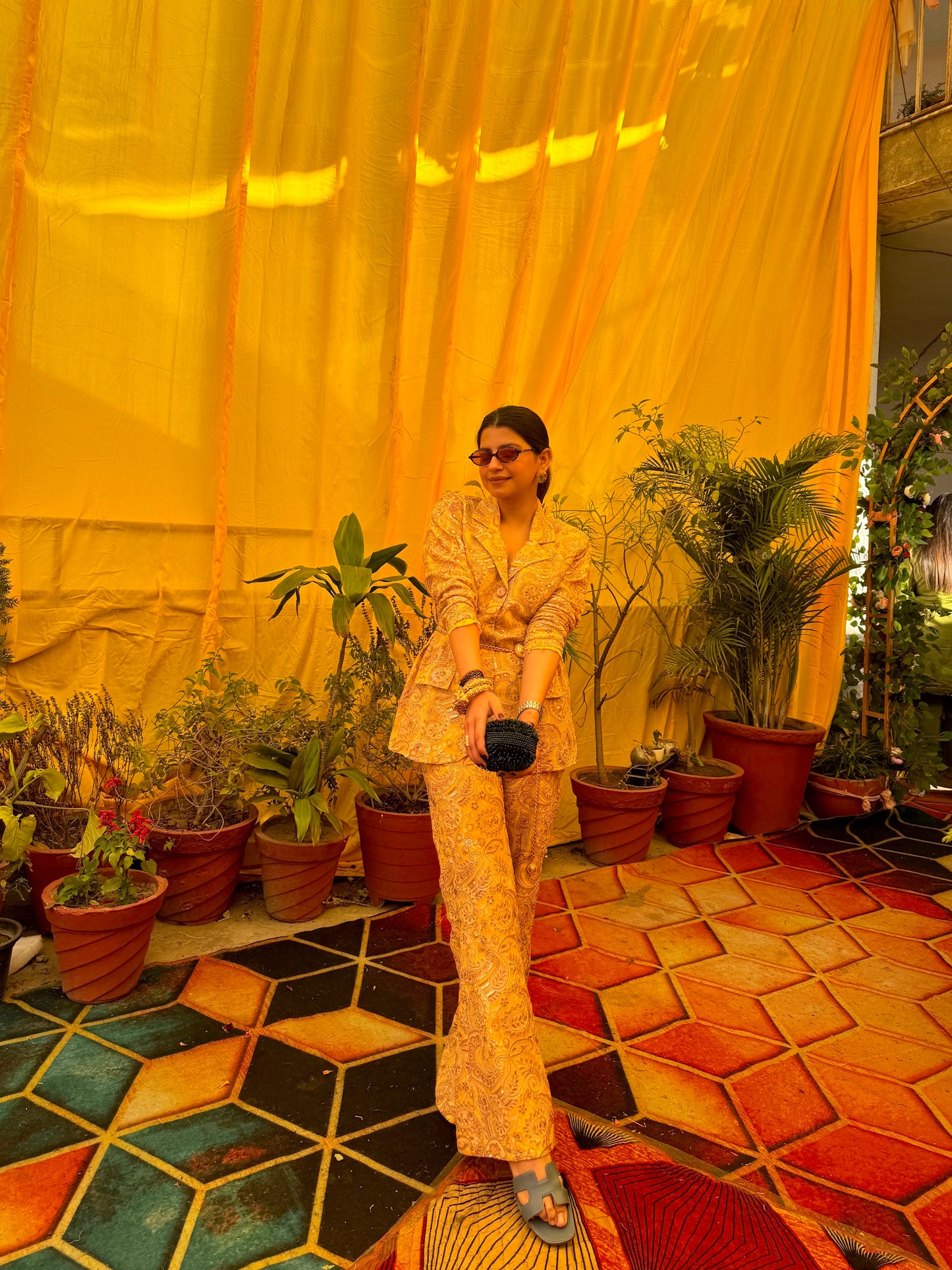DHRITI MEHRA IN YELLOW MULTI COLOR EMBROIDERED BLAZER SET