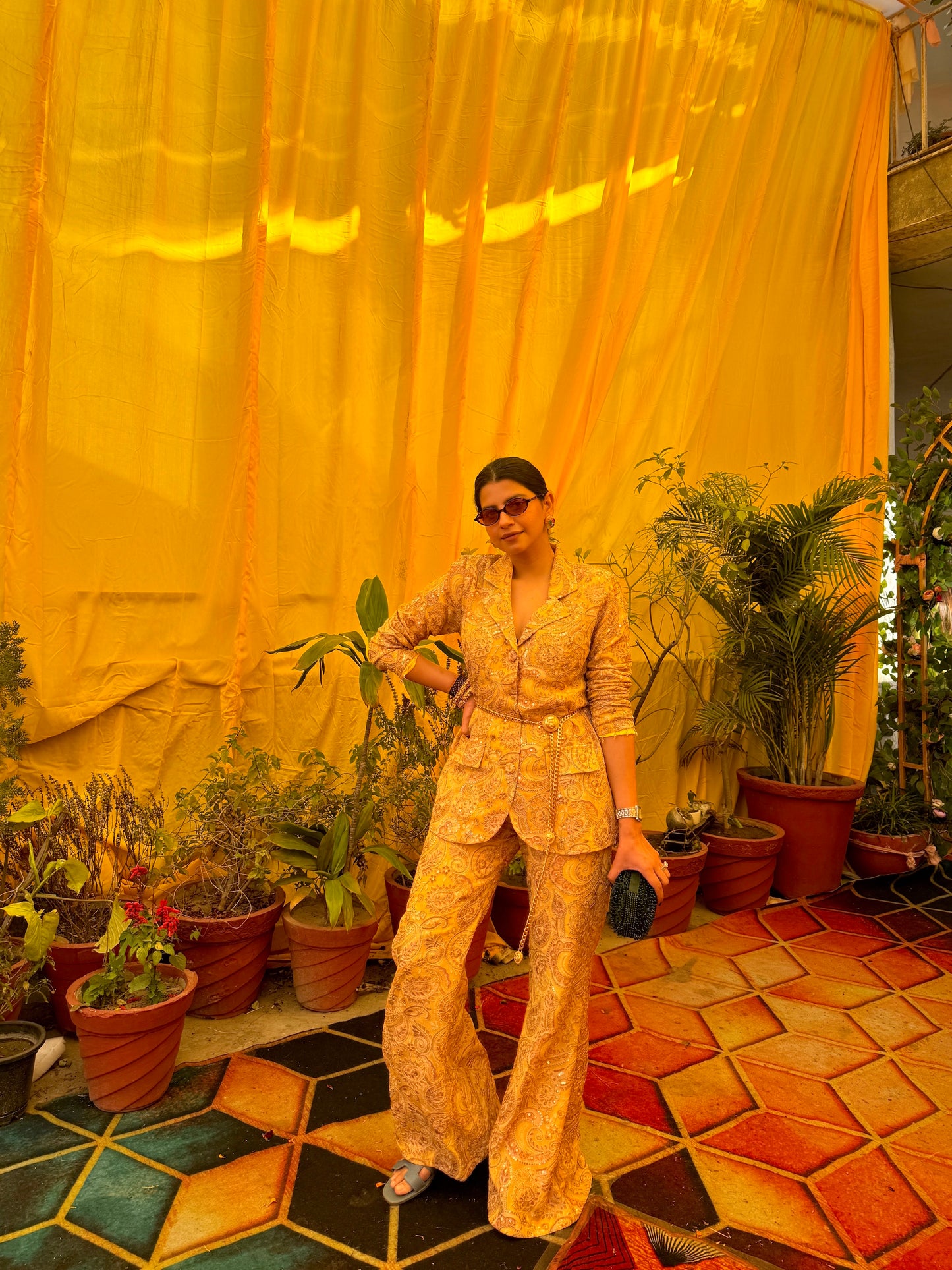 DHRITI MEHRA IN YELLOW MULTI COLOR EMBROIDERED BLAZER SET