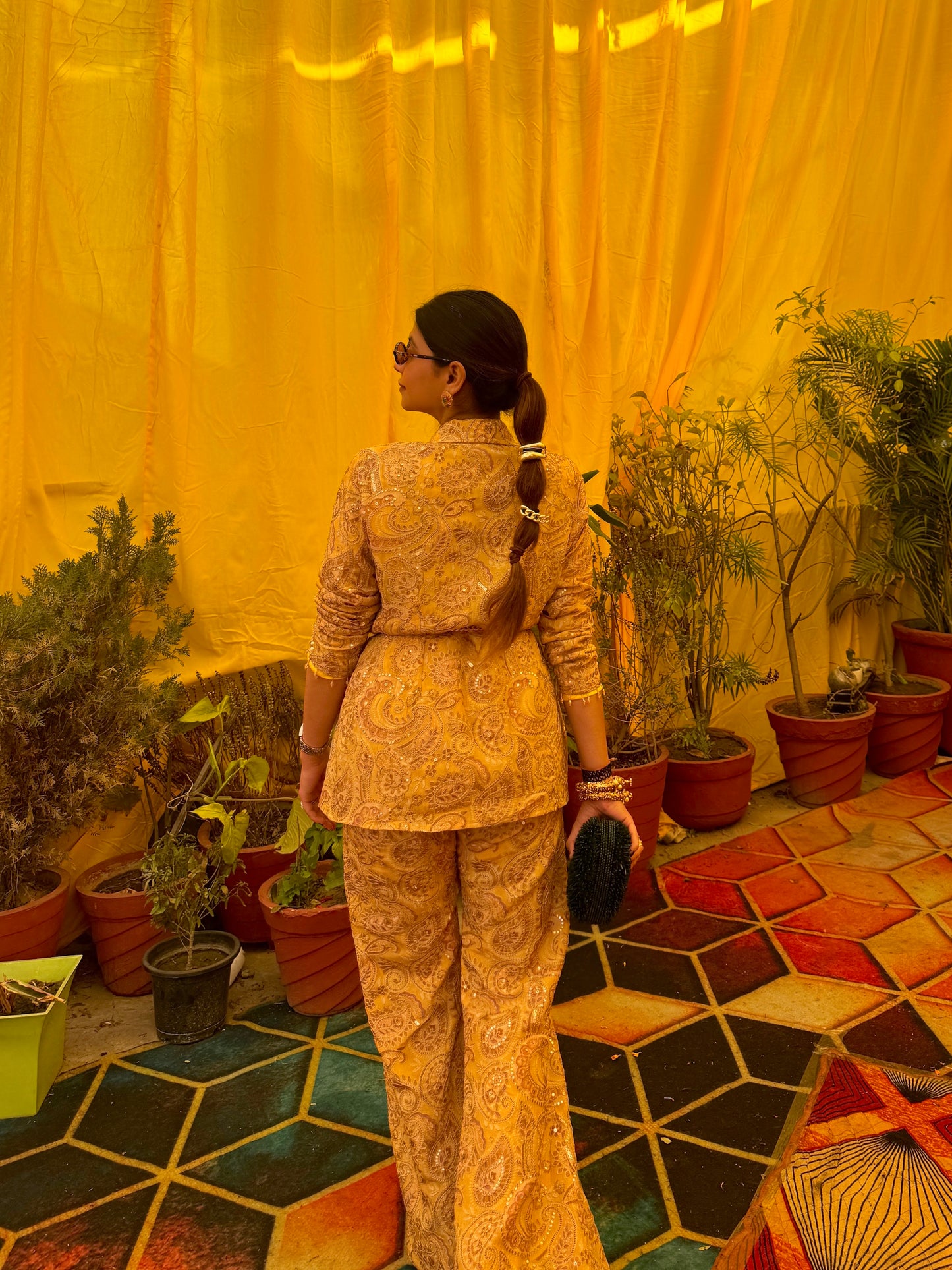 DHRITI MEHRA IN YELLOW MULTI COLOR EMBROIDERED BLAZER SET