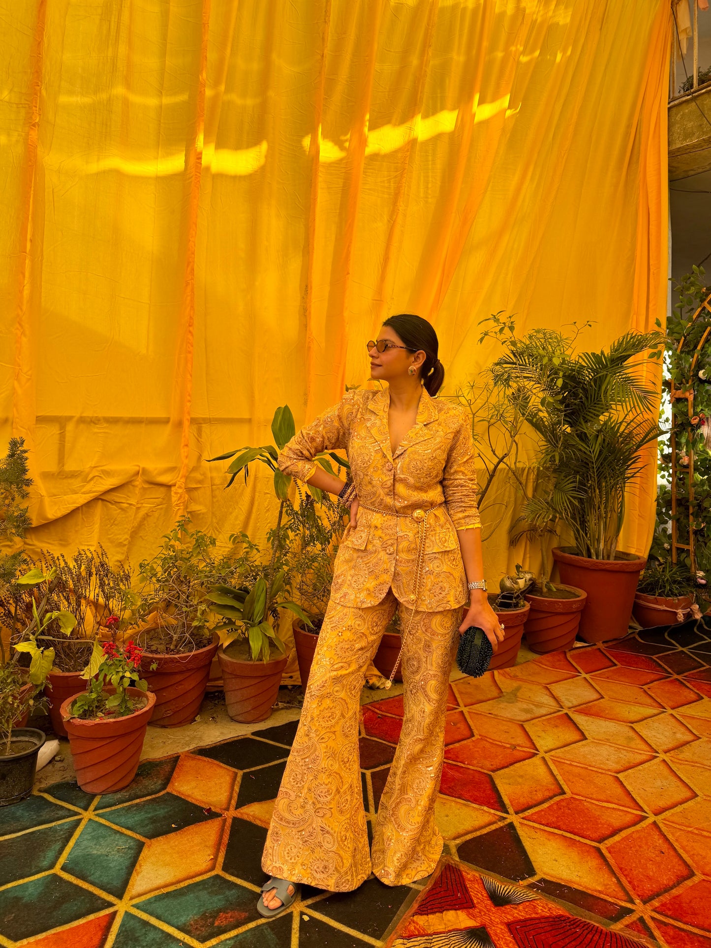 DHRITI MEHRA IN YELLOW MULTI COLOR EMBROIDERED BLAZER SET