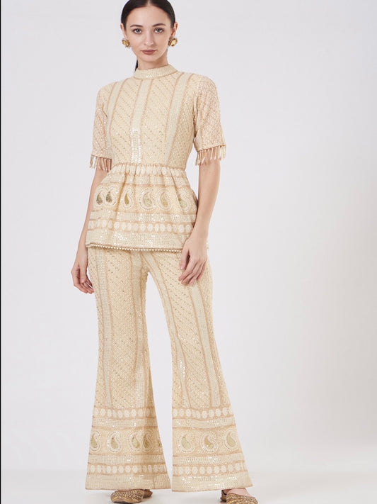 BEIGE CHIKANKARI PEPLUM COORD SET