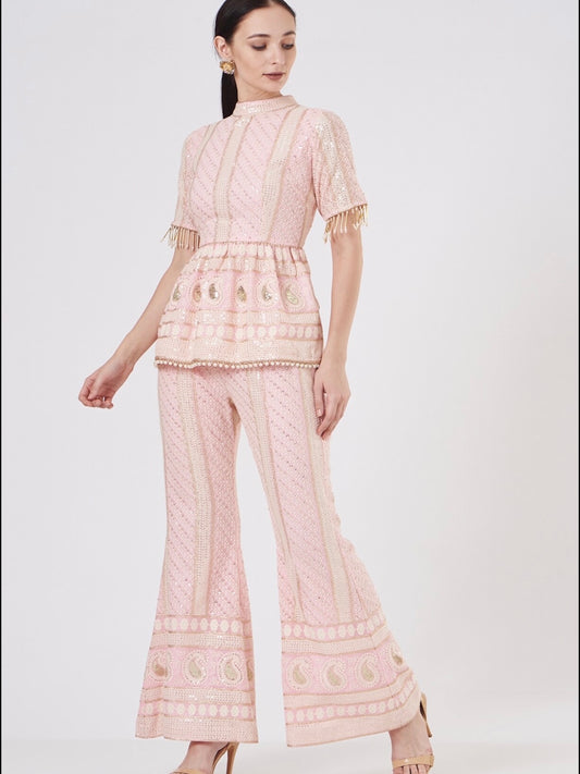 PINK CHIKANKARI PEPLUM COORD SET