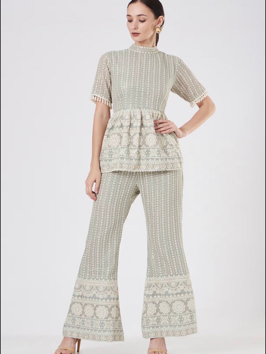 GREY CHIKANKARI PEPLUM COORD SET