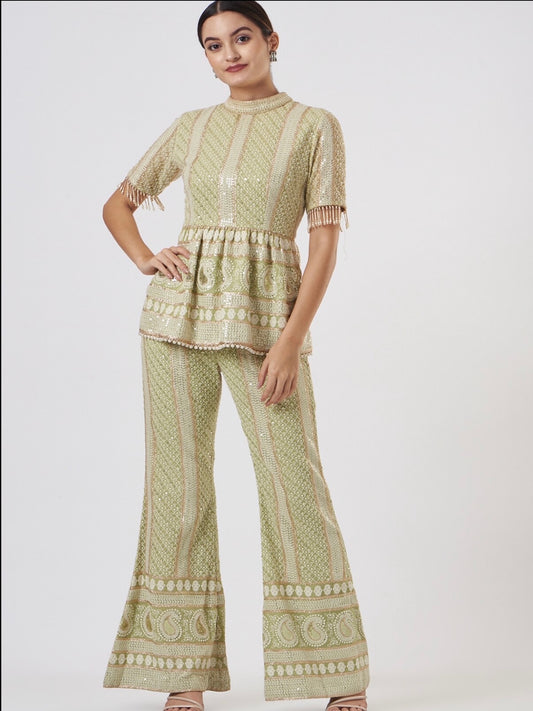 GREEN CHIKANKARI PEPLUM COORD SET