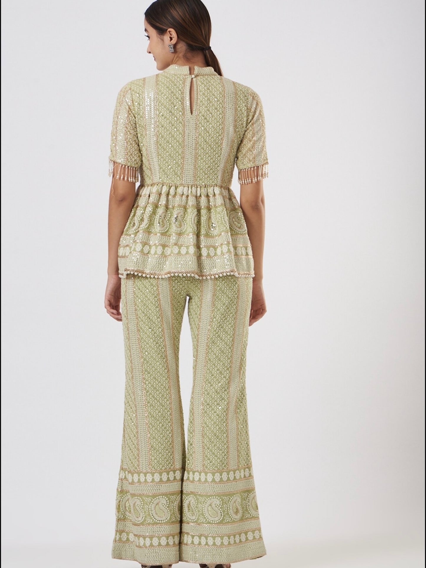 GREEN CHIKANKARI PEPLUM COORD SET