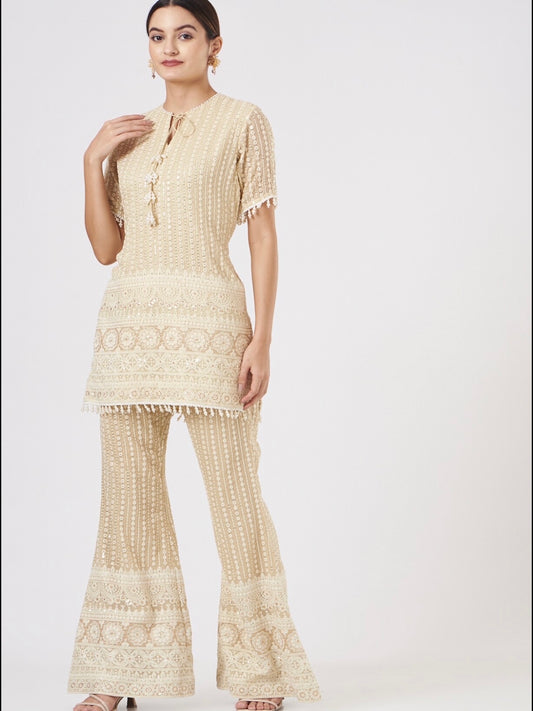 BEIGE CHIKANKARI COORD SET