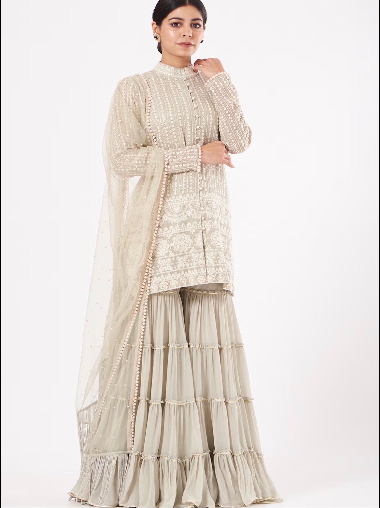GREY CHIKANKARI FRILL SHARARA SET