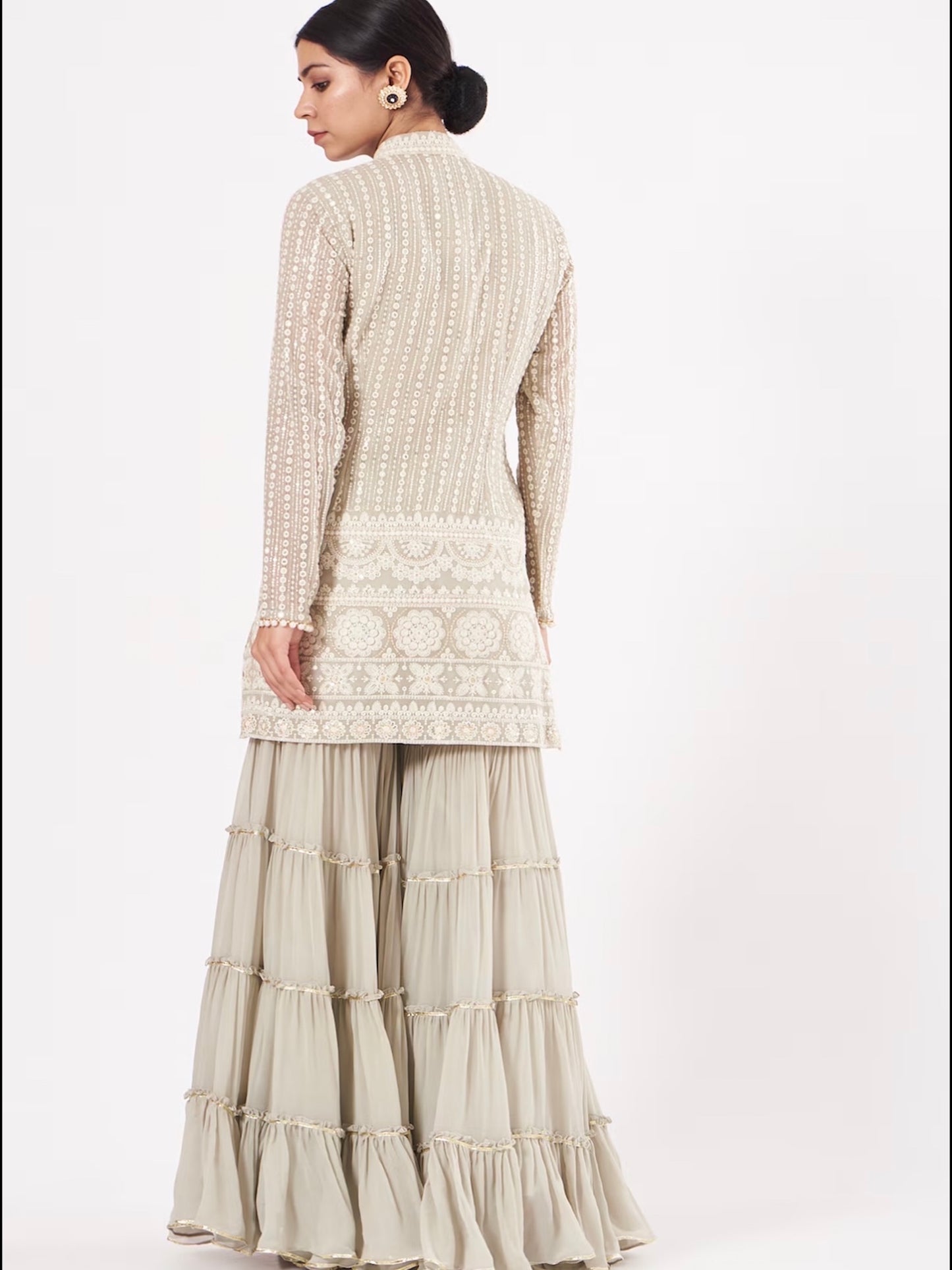 GREY CHIKANKARI FRILL SHARARA SET