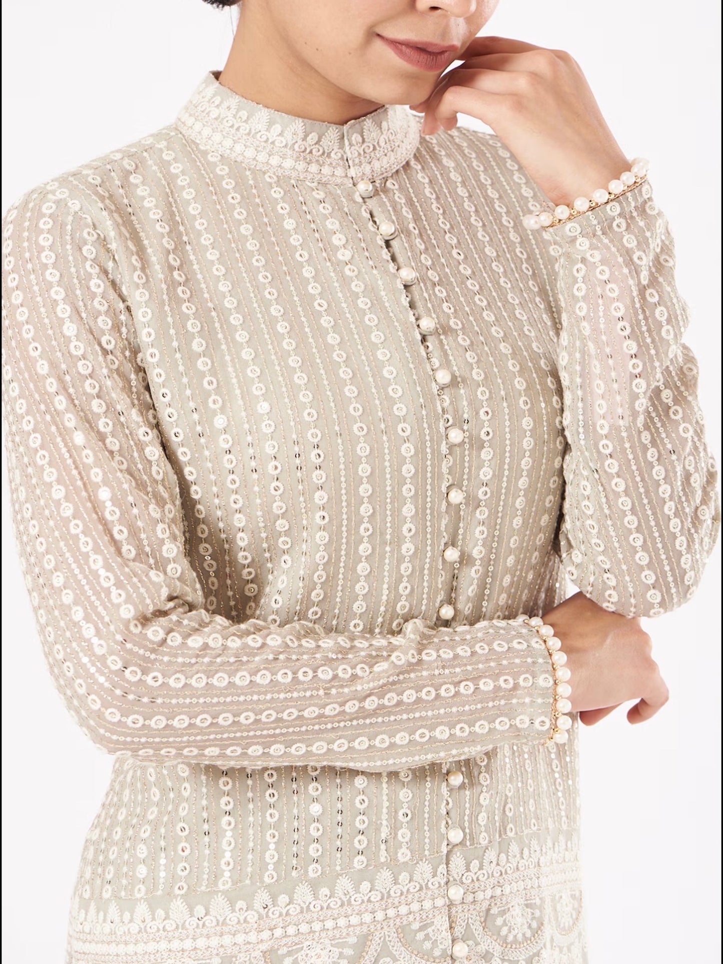 GREY CHIKANKARI FRILL SHARARA SET