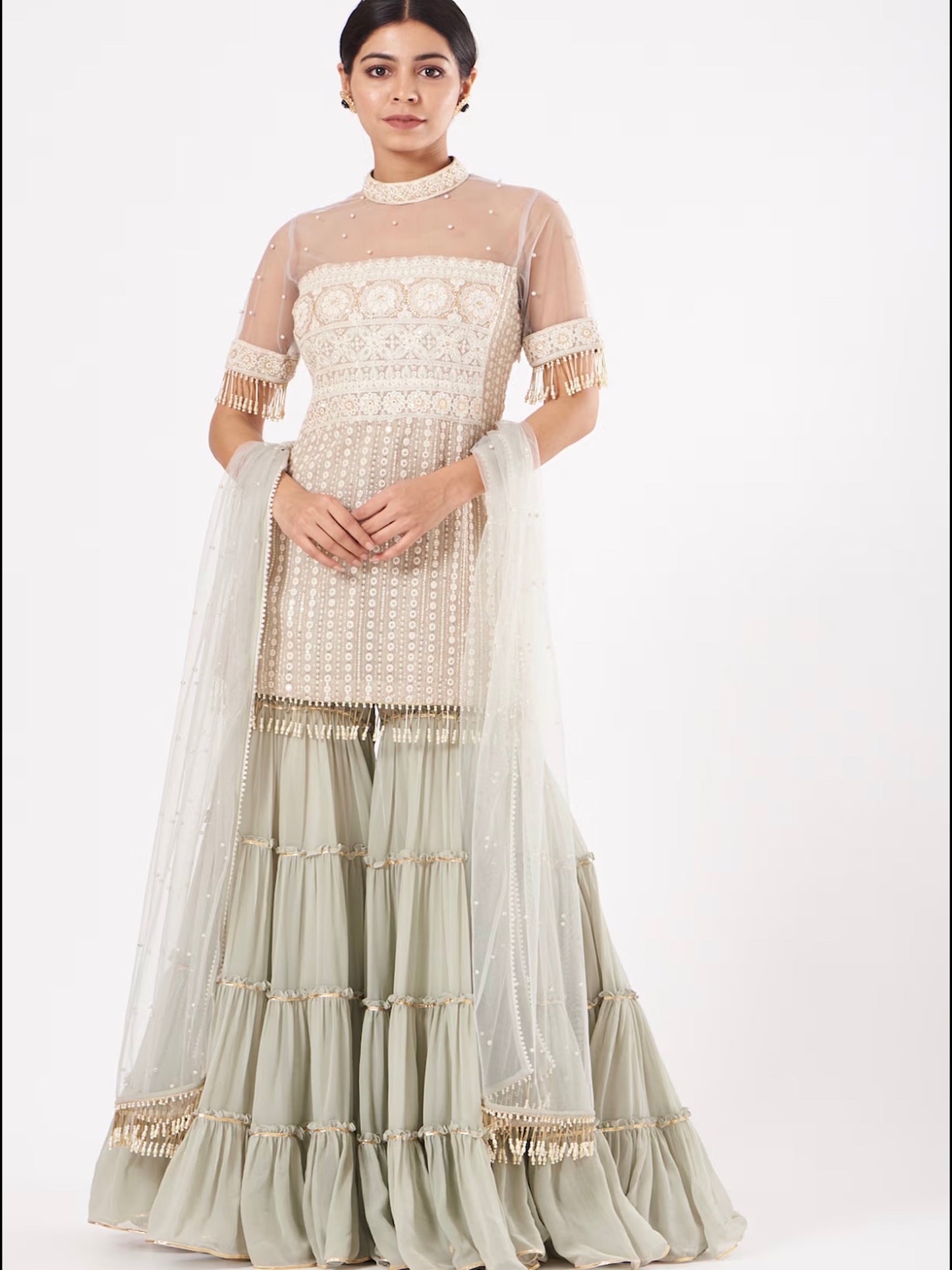 GREY CHIKANKARI FRILL SHARARA SET