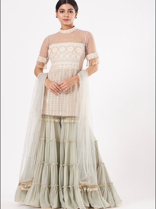 GREY CHIKANKARI FRILL SHARARA SET