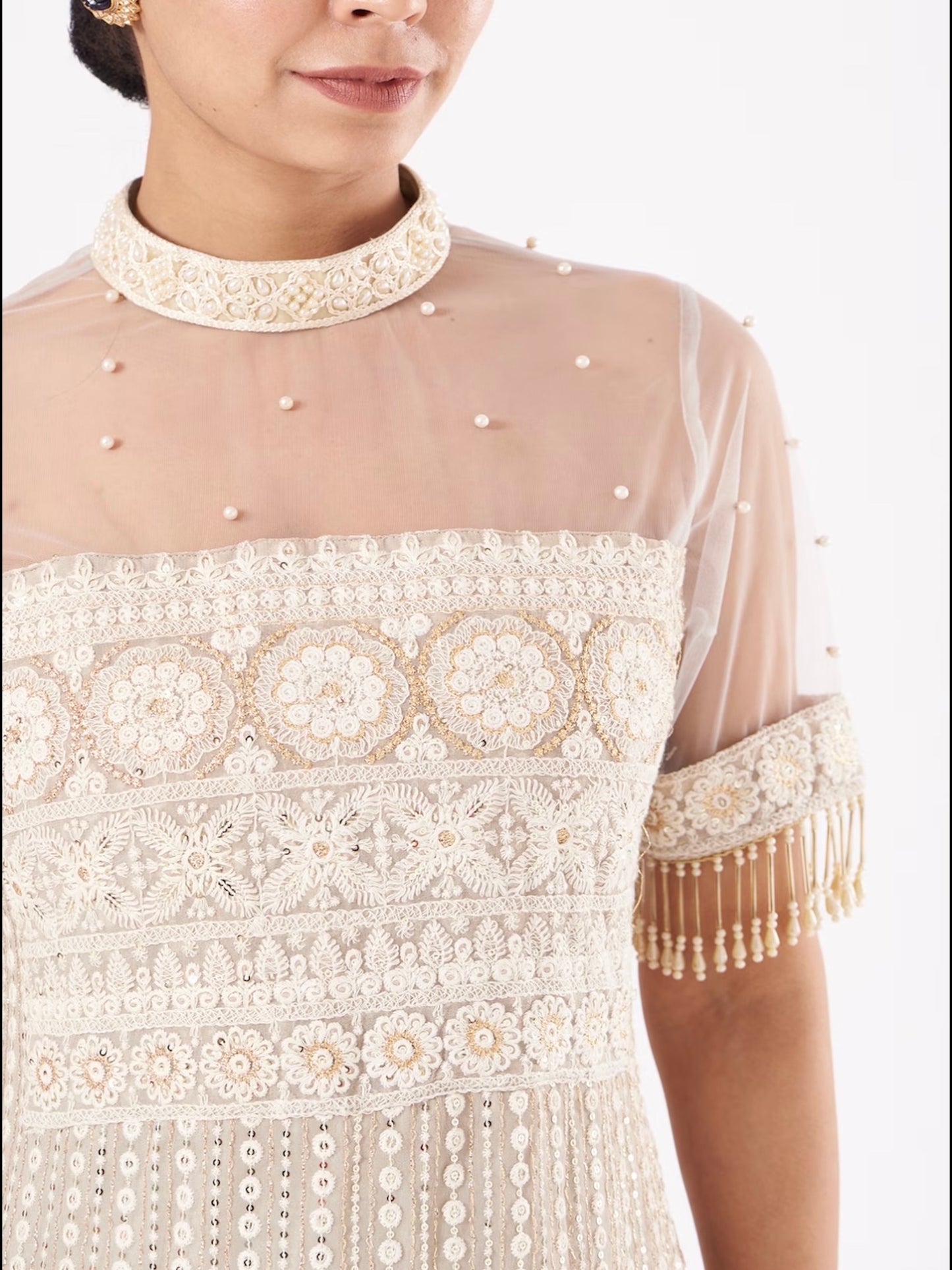 GREY CHIKANKARI FRILL SHARARA SET