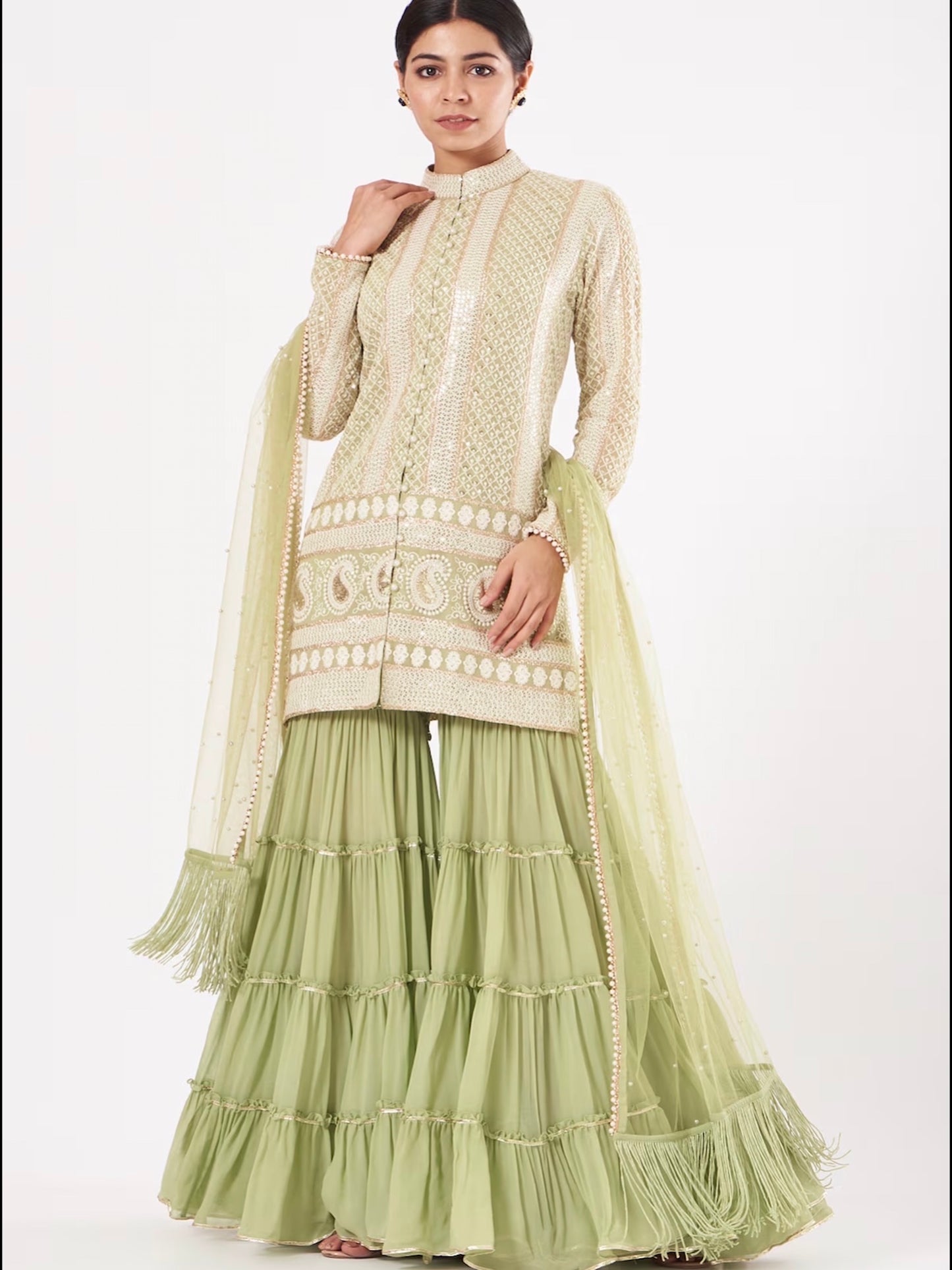 GREEN CHIKANKARI FRILL SHARARA SET