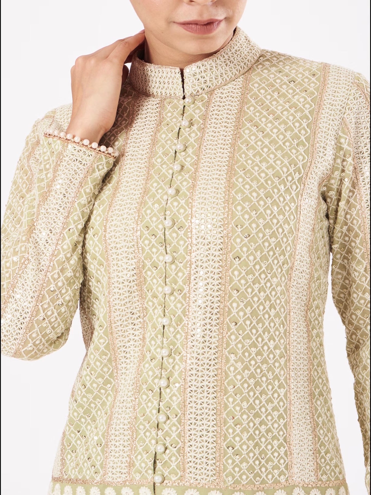 GREEN CHIKANKARI FRILL SHARARA SET