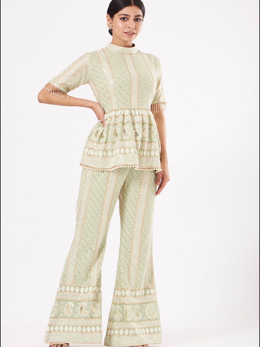 LIME GREEN CHIKANKARI PEPLUM COORD SET