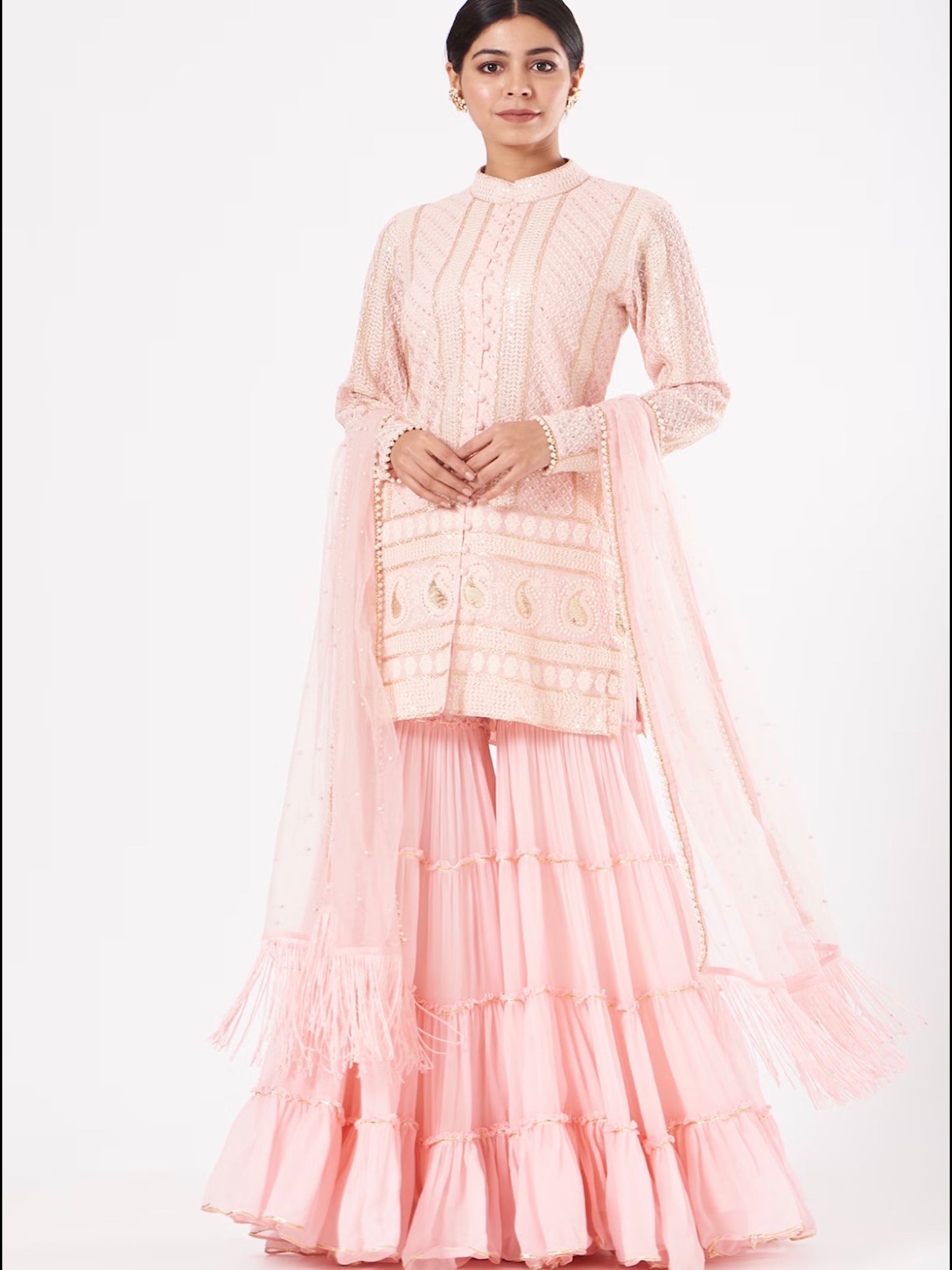 PINK CHIKANKARI FRILL SHARARA SET