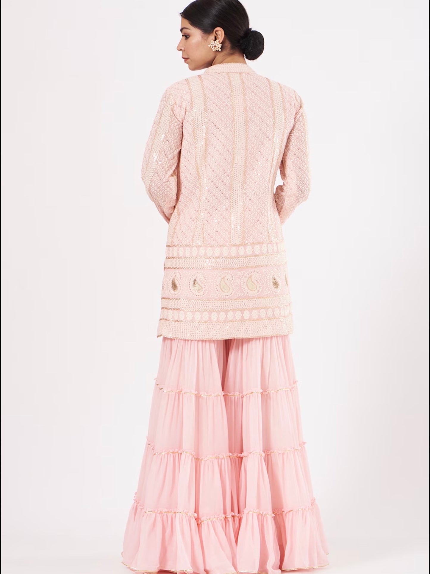 PINK CHIKANKARI FRILL SHARARA SET