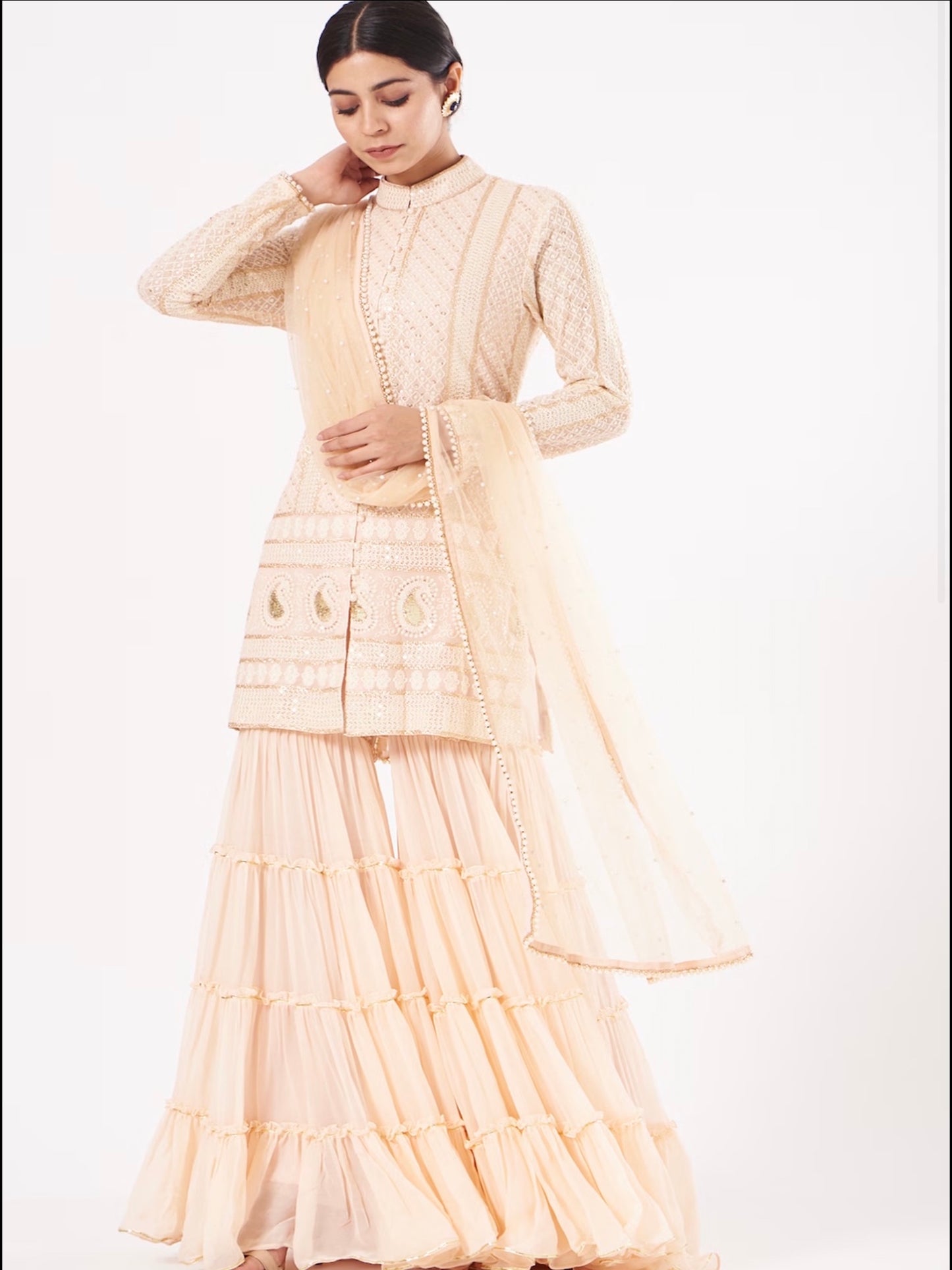 BEIGE CHIKANKARI FRILL SHARARA SET