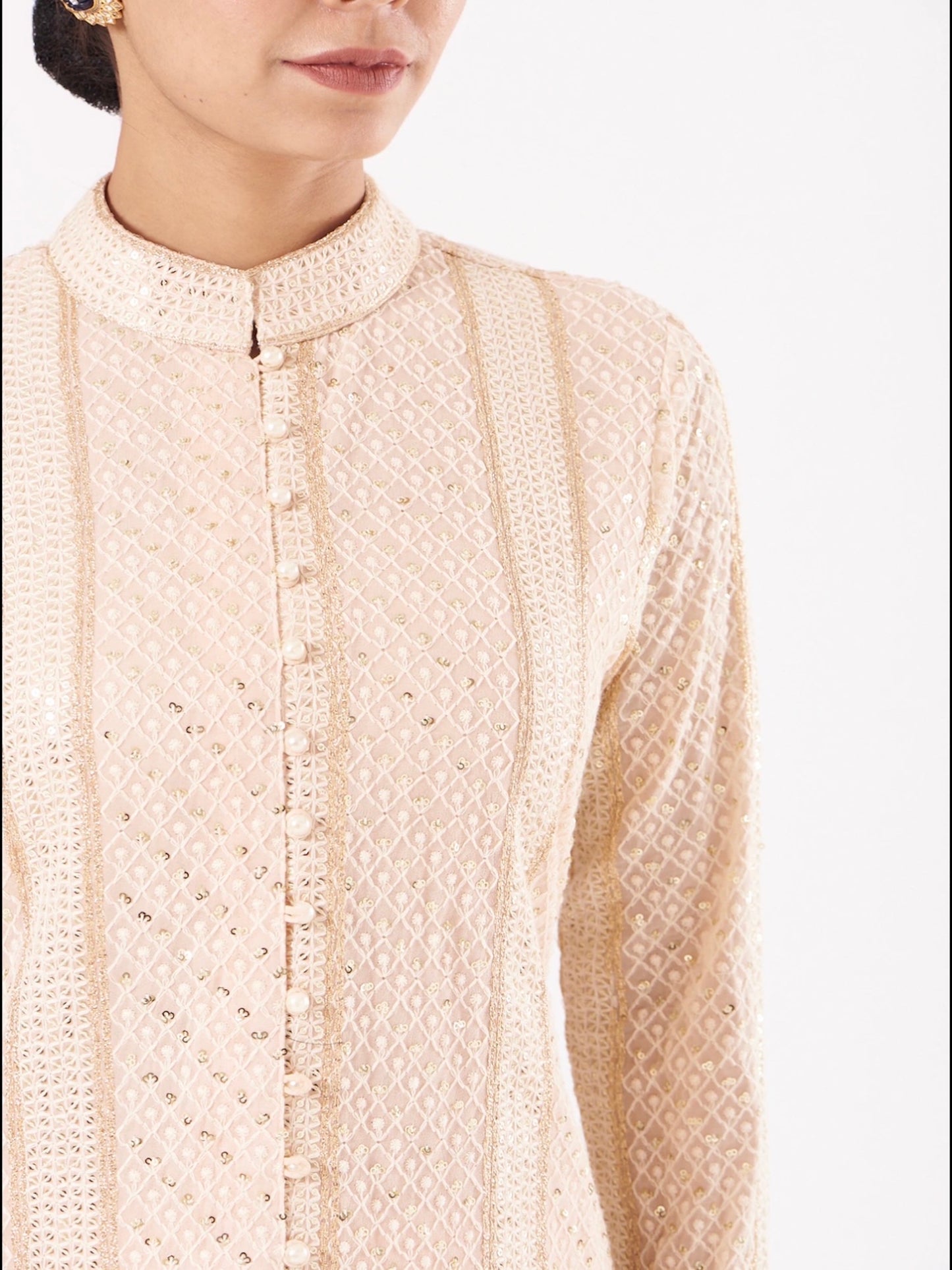 BEIGE CHIKANKARI FRILL SHARARA SET