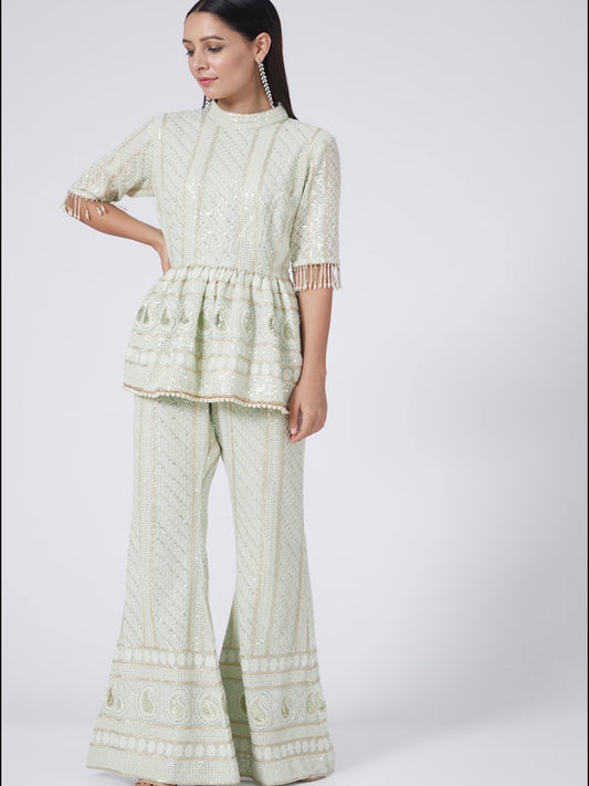 MINT GREEN CHIKANKARI PEPLUM COORD SET