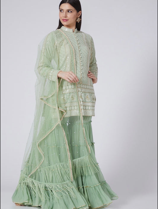 LIME GREEN CHIKANKARI FRILL SHARARA SET