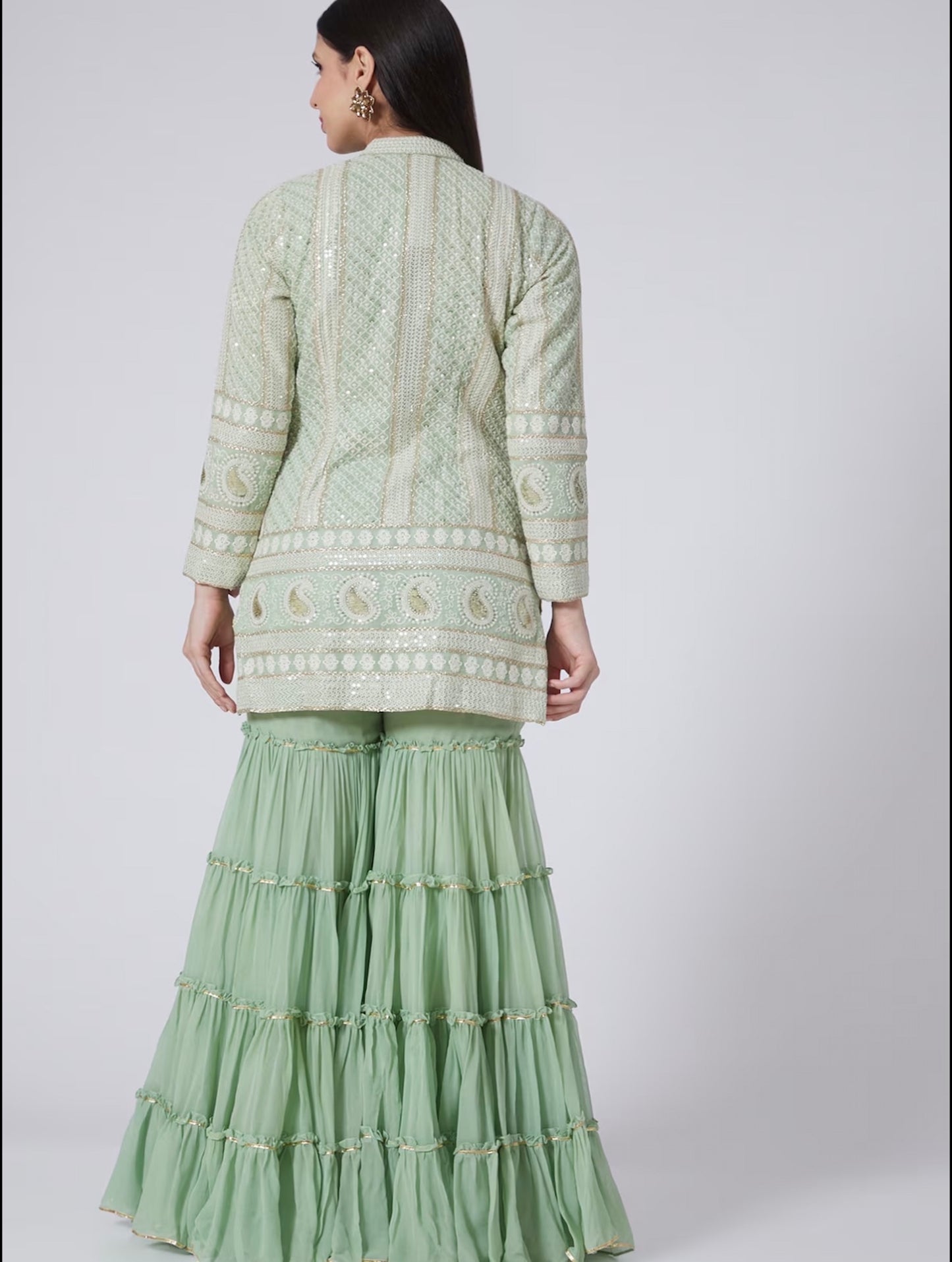 LIME GREEN CHIKANKARI FRILL SHARARA SET