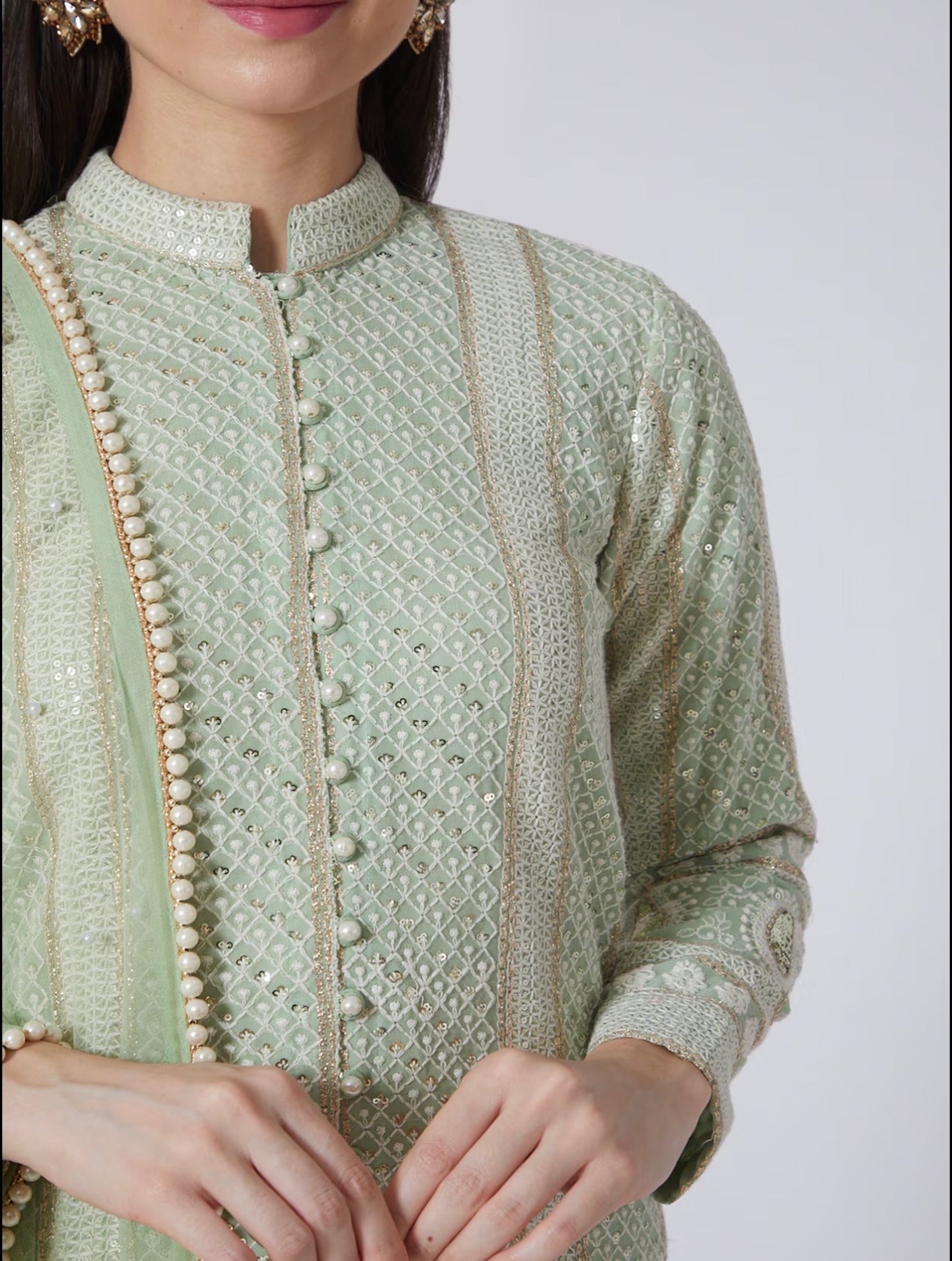 LIME GREEN CHIKANKARI FRILL SHARARA SET